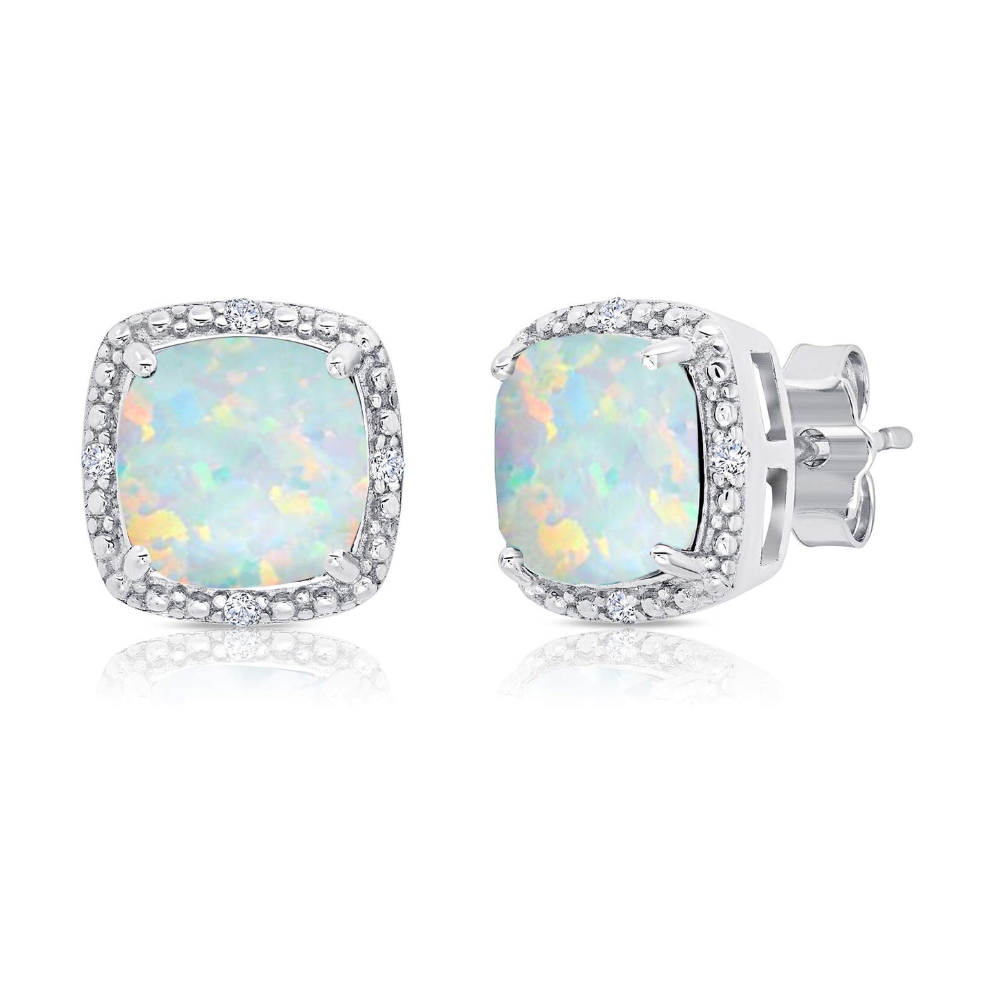 Gemstone and Diamond Accent Halo Cushion Cut Stud Earrings for Women in 925 Sterling Silver 7mm Birthstone with Push Backs by MAX + STONE