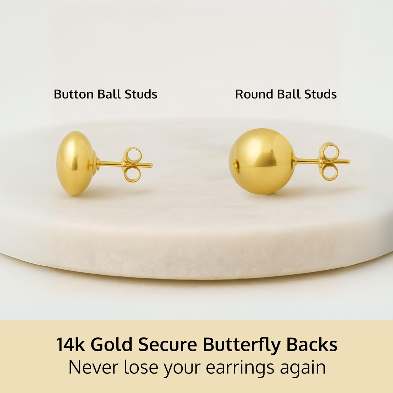 14K Gold Stud Earrings for Women | Yellow Solid Gold Flat & Full Ball Earrings with Gold Butterfly Backs | 4MM-8MM Hypoallergenic Real 14K Button Ball Studs for Women & Men by MAX + STONE