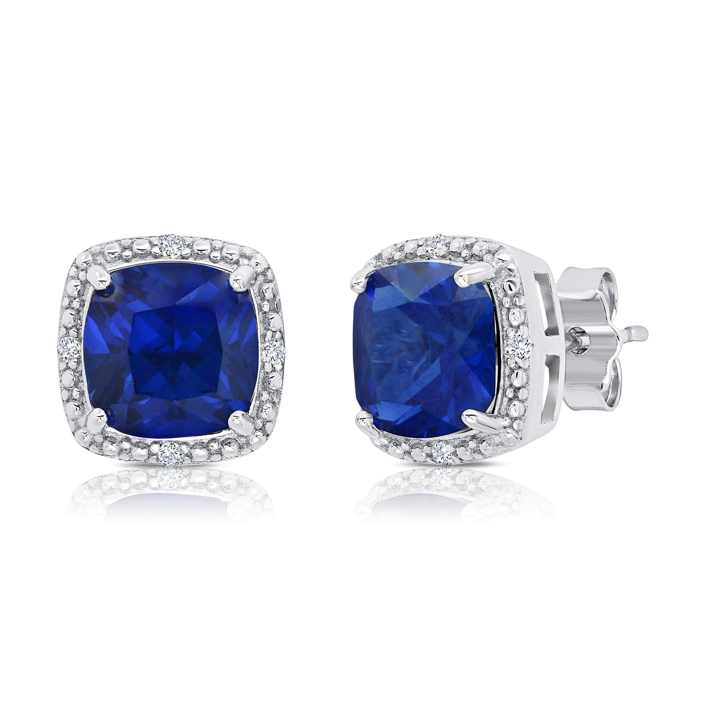 Gemstone and Diamond Accent Halo Cushion Cut Stud Earrings for Women in 925 Sterling Silver 7mm Birthstone with Push Backs by MAX + STONE