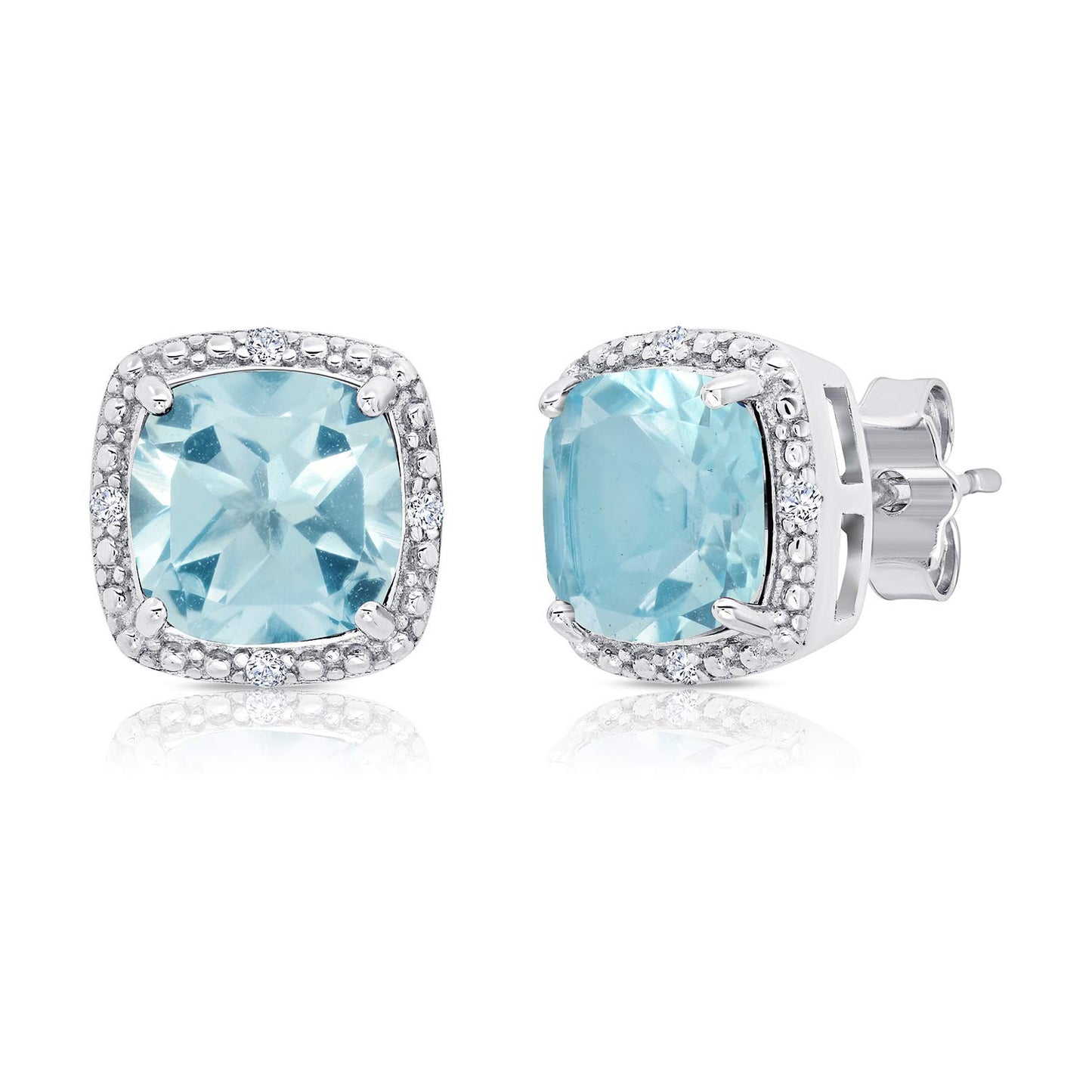 Gemstone and Diamond Accent Halo Cushion Cut Stud Earrings for Women in 925 Sterling Silver 7mm Birthstone with Push Backs by MAX + STONE