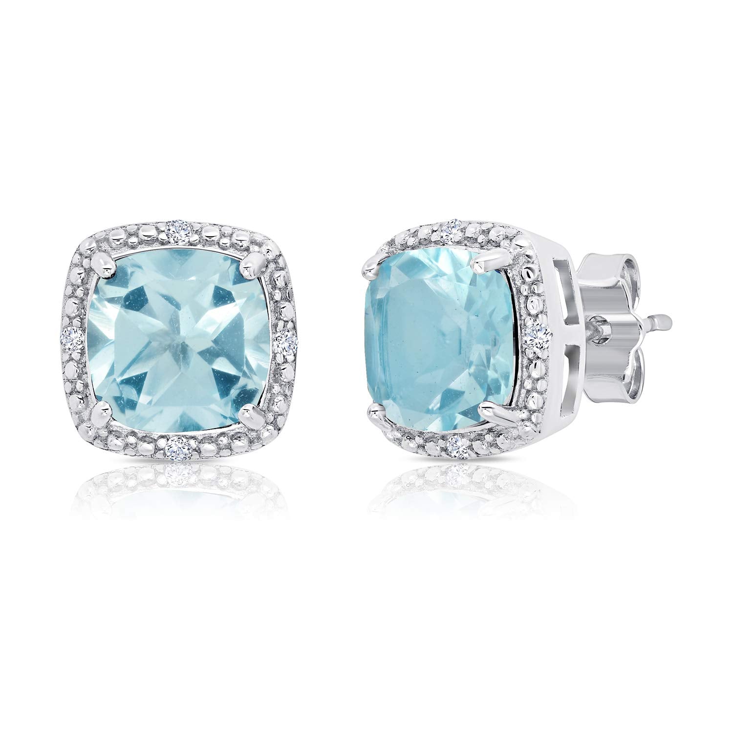 Gemstone and Diamond Accent Halo Cushion Cut Stud Earrings for Women in 925 Sterling Silver 7mm Birthstone with Push Backs by MAX + STONE