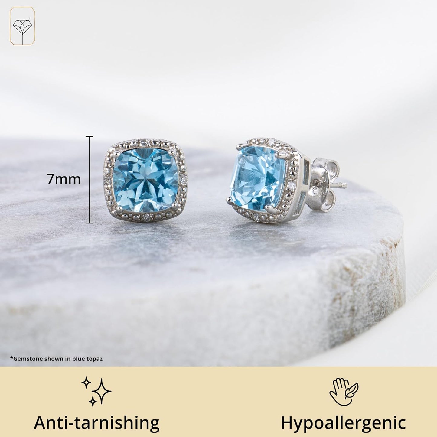 Gemstone and Diamond Accent Halo Cushion Cut Stud Earrings for Women in 925 Sterling Silver 7mm Birthstone with Push Backs by MAX + STONE