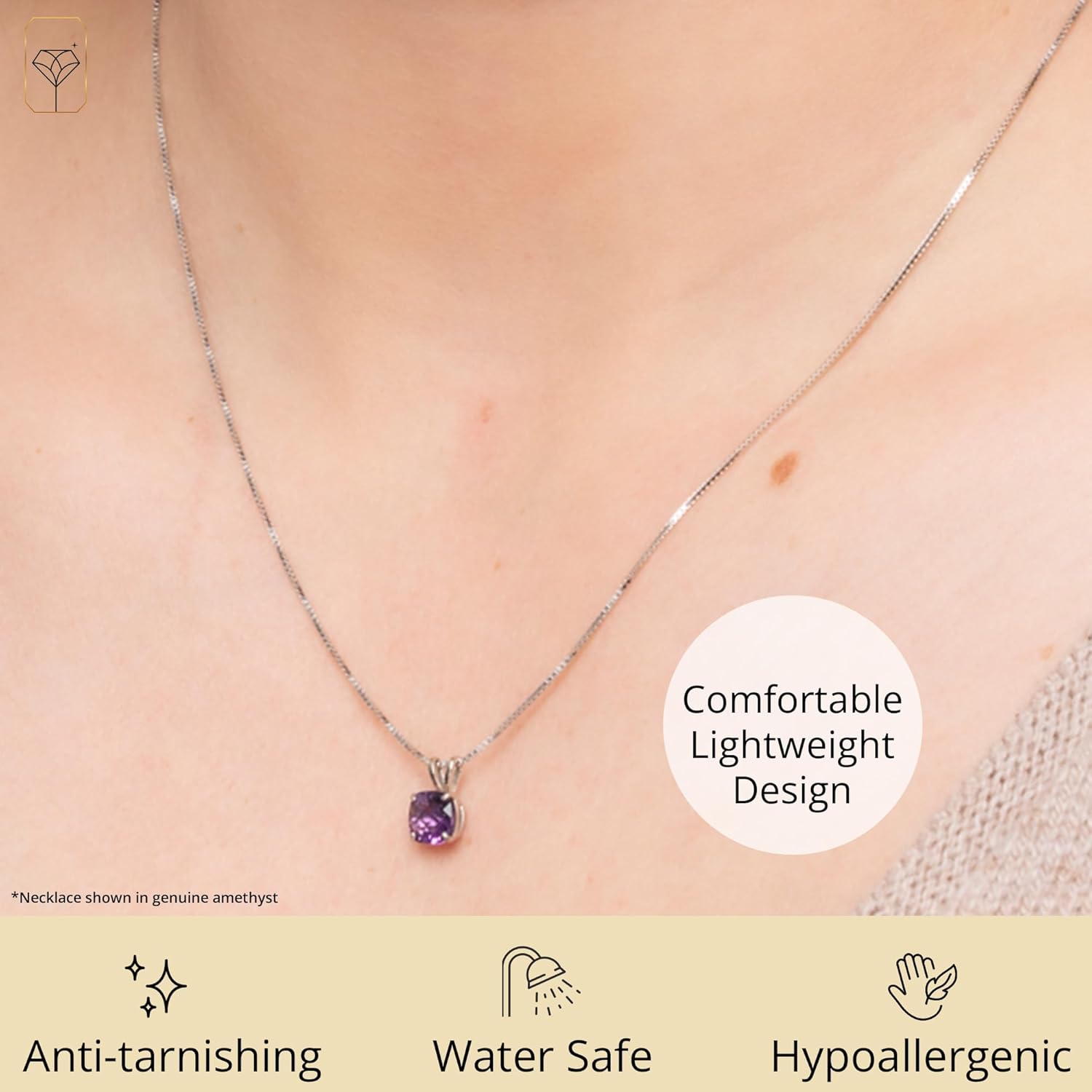 Amazon Collection 925 Sterling Silver 8mm Cushion Cut Birthstone Solitaire Pendant Necklace for Women with Box Chain