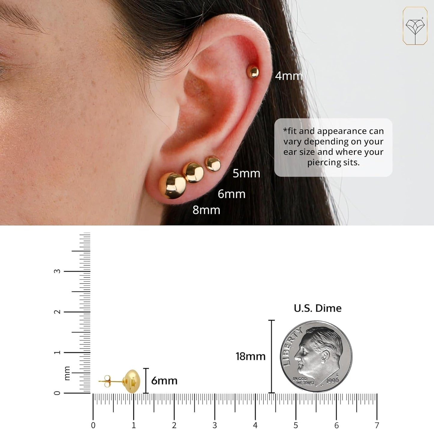 14K Gold Stud Earrings for Women | Yellow Solid Gold Flat & Full Ball Earrings with Gold Butterfly Backs | 4MM-8MM Hypoallergenic Real 14K Button Ball Studs for Women & Men by MAX + STONE
