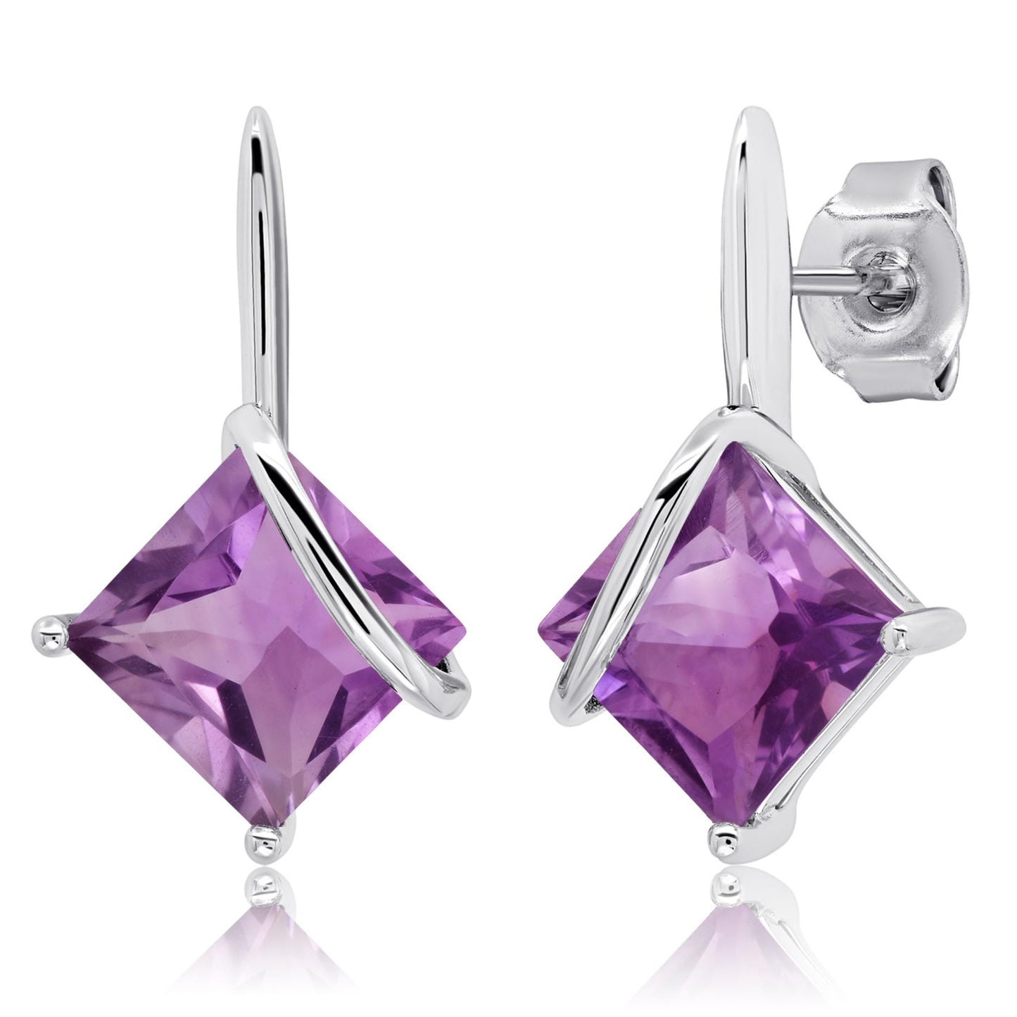 925 Sterling Silver Princess Cut Gemstone Square Drop Dangle Earrings for Women 7mm in Various Birthstones with Push Backs by MAX + STONE