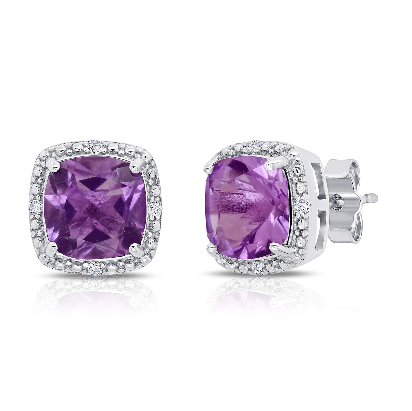 Gemstone and Diamond Accent Halo Cushion Cut Stud Earrings for Women in 925 Sterling Silver 7mm Birthstone with Push Backs by MAX + STONE