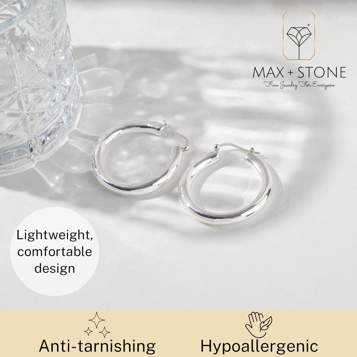 925 Sterling Silver Chunky Hoop Earrings for Women | Hypoallergenic Hollow Round Sterling Silver Hoop Earrings | Lightweight Thick Silver Earrings Hoops by MAX + STONE