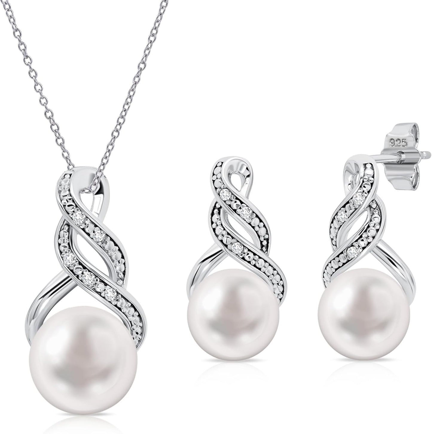Real Diamond Sterling Silver Pearl Necklace and Earring Set | Hypoallergenic Real Cultured Freshwater Pearl Jewelry Set with 18 Inch Silver Chain | Diamond Bridal Bridesmaid Set for Women with Gift Box by MAX + STONE