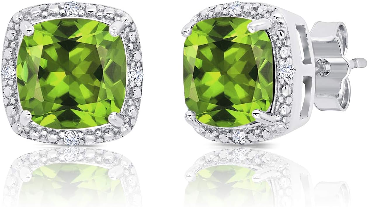 Gemstone and Diamond Accent Halo Cushion Cut Stud Earrings for Women in 925 Sterling Silver 7mm Birthstone with Push Backs by MAX + STONE