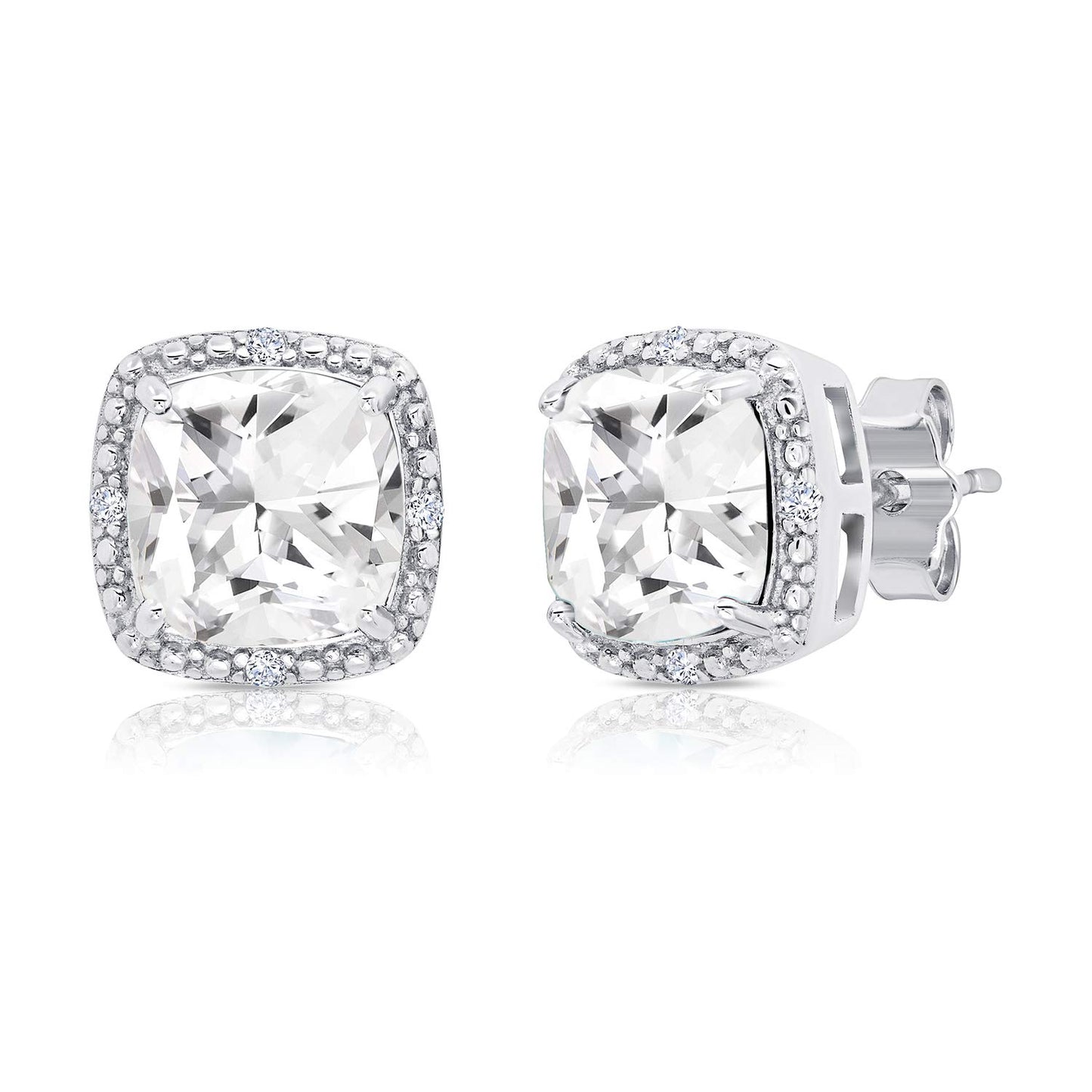 Gemstone and Diamond Accent Halo Cushion Cut Stud Earrings for Women in 925 Sterling Silver 7mm Birthstone with Push Backs by MAX + STONE