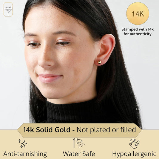 14K Gold Stud Earrings for Women | Yellow Solid Gold Flat & Full Ball Earrings with Gold Butterfly Backs | 4MM-8MM Hypoallergenic Real 14K Button Ball Studs for Women & Men by MAX + STONE