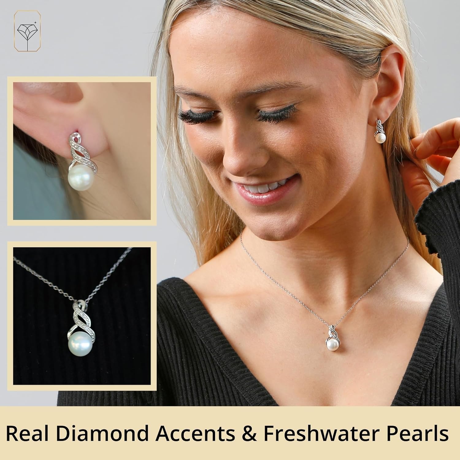Real Diamond Sterling Silver Pearl Necklace and Earring Set | Hypoallergenic Real Cultured Freshwater Pearl Jewelry Set with 18 Inch Silver Chain | Diamond Bridal Bridesmaid Set for Women with Gift Box by MAX + STONE