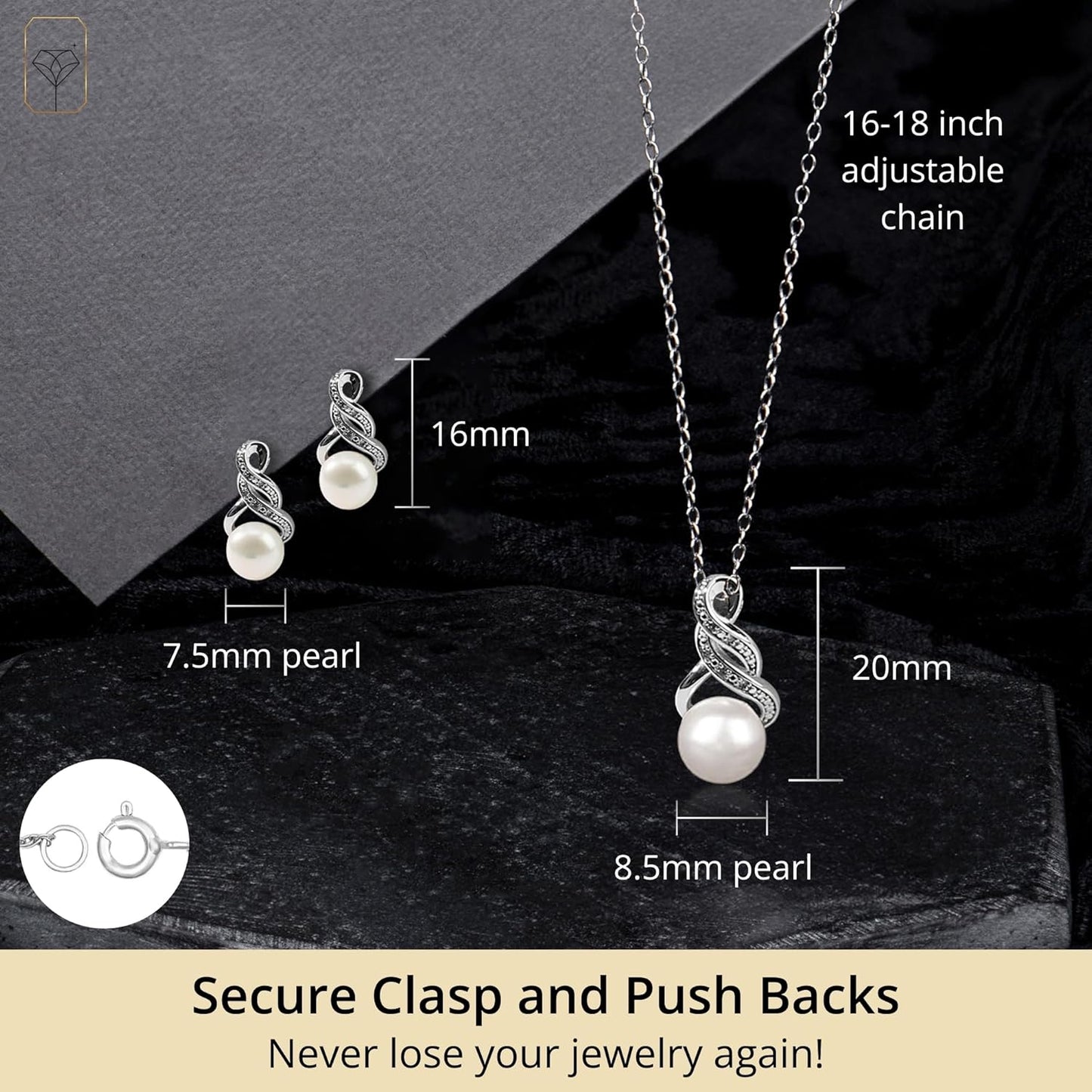 Real Diamond Sterling Silver Pearl Necklace and Earring Set | Hypoallergenic Real Cultured Freshwater Pearl Jewelry Set with 18 Inch Silver Chain | Diamond Bridal Bridesmaid Set for Women with Gift Box by MAX + STONE