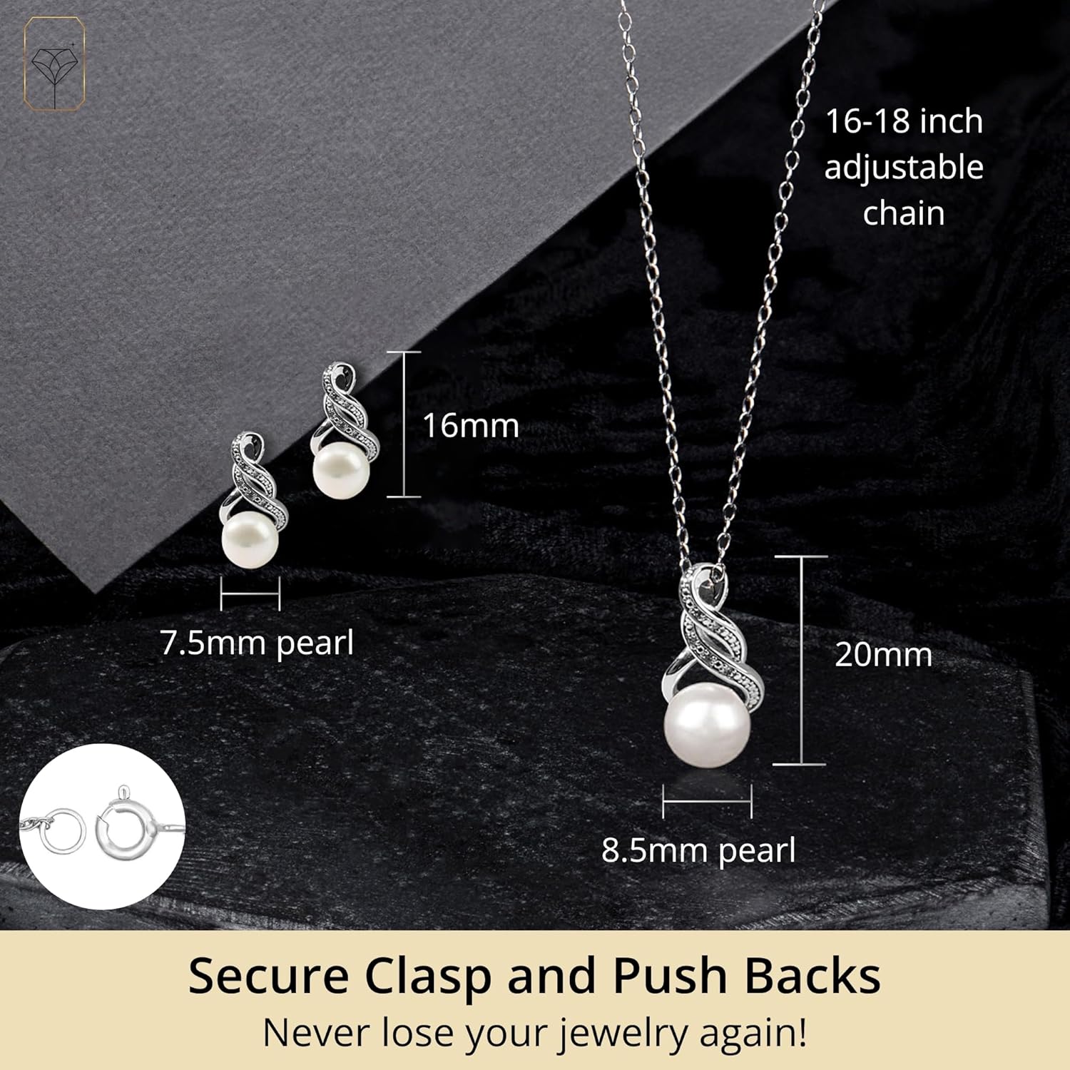 Real Diamond Sterling Silver Pearl Necklace and Earring Set | Hypoallergenic Real Cultured Freshwater Pearl Jewelry Set with 18 Inch Silver Chain | Diamond Bridal Bridesmaid Set for Women with Gift Box by MAX + STONE