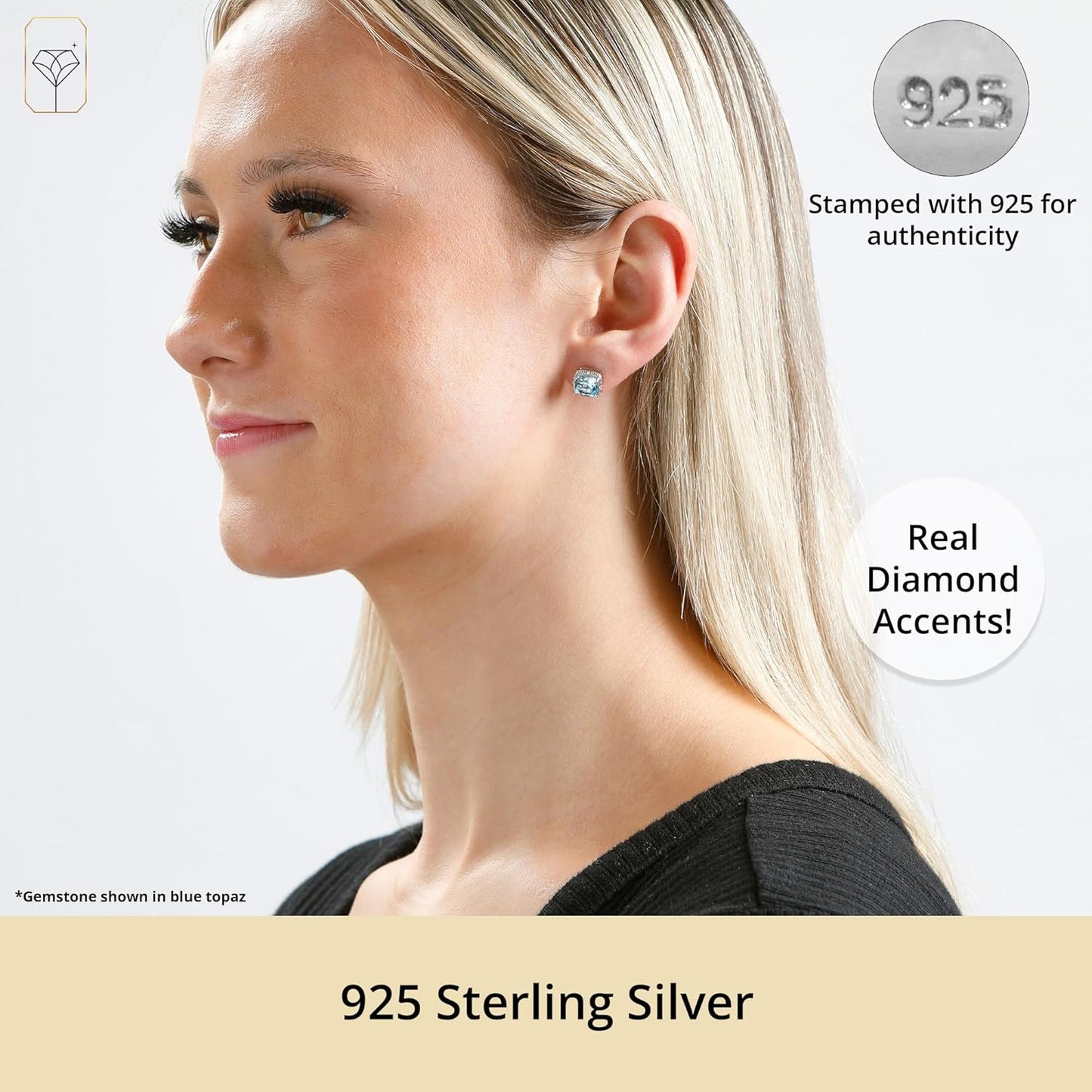 Gemstone and Diamond Accent Halo Cushion Cut Stud Earrings for Women in 925 Sterling Silver 7mm Birthstone with Push Backs by MAX + STONE