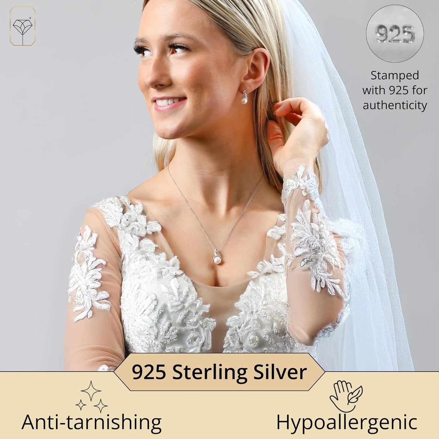 Real Diamond Sterling Silver Pearl Necklace and Earring Set | Hypoallergenic Real Cultured Freshwater Pearl Jewelry Set with 18 Inch Silver Chain | Diamond Bridal Bridesmaid Set for Women with Gift Box by MAX + STONE